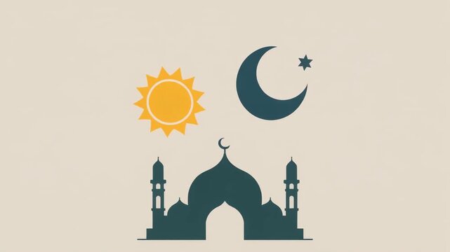 Mosque Silhouette Islamic Animation. Features sun, crescent moon, and star symbols over a dark masjid silhouette. Flat vector style for Ramadan, Eid, or prayer time religious content.