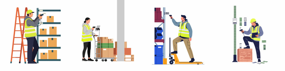 Obraz premium Set of warehouse workers using scanners and equipment for inventory management, logistic distribution center, and storage operations.