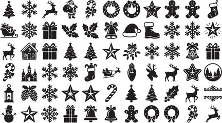 Black Christmas icons set including trees snowflakes reindeer gifts © Nusrat
