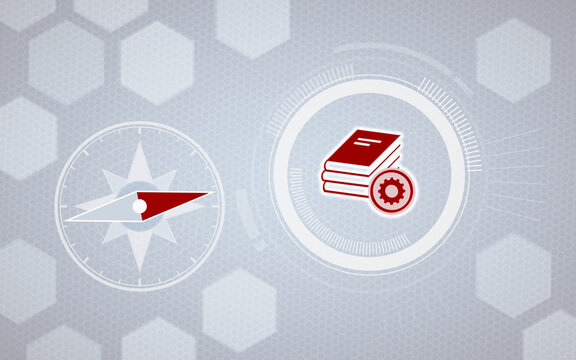 Digital graphic design featuring a compass and an icon of a book stack with a gear, representing knowledge management, learning optimization, and academic configuration in a tech style