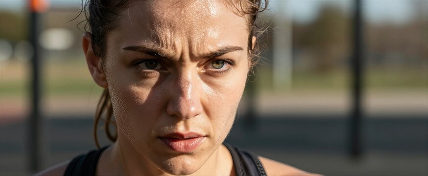 Close Portrait Of Individual To Engaged In Physical Activity As Evidenced By Perspiration On Face Hair Person Fair Skin With Freckles