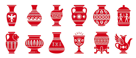 Collection of Ancient Red Ceramic Vessels with Decorative Patterns © mila