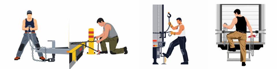 Fototapeta premium Flat vector illustrations of industrial workers securing cargo and equipment with heavy metal chains in various logistics and trucking scenarios.