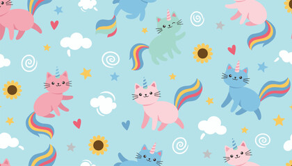 Obraz premium Seamless child-friendly pattern of adorable unicorn cats with rainbow tails, sunflowers, and clouds on a light blue backdrop.