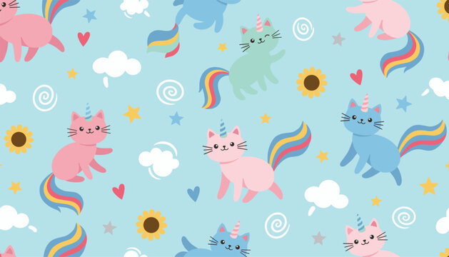 Seamless child-friendly pattern of adorable unicorn cats with rainbow tails, sunflowers, and clouds on a light blue backdrop.