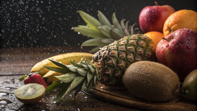 Fresh assorted fruits including pineapple, kiwi, banana, apple, orange, and strawberry with water droplets on a rustic wooden surface.