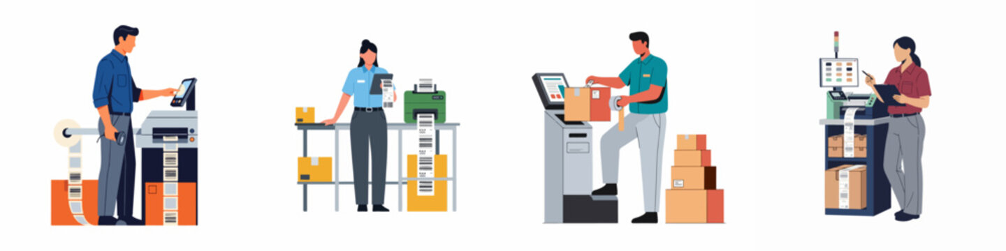 Warehouse workers using professional barcode printers and labeling machines to process packages for shipping and distribution, flat vector illustration set.