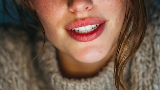 Close up of woman wearing cozy knit sweater.