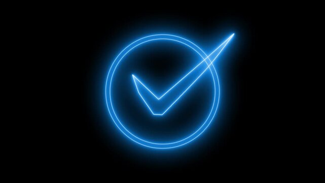 Neon light glowing checkmark inside a circle animation on a black background