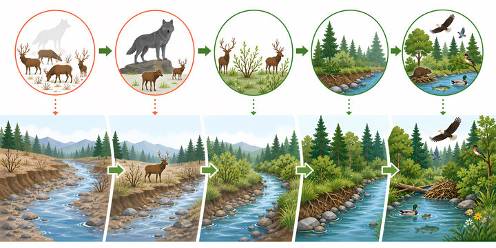 Trophic cascade predator ecosystem illustration