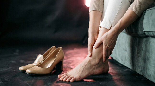 Woman sits on bed rubbing her sore ankle beside a pair of removed beige high heels.