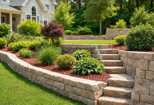 Residential backyard landscape with newly built retaining wall, interlocking stone terraces, gravel beds, green lawn, ornamental plants, modern outdoor design, home improvement.