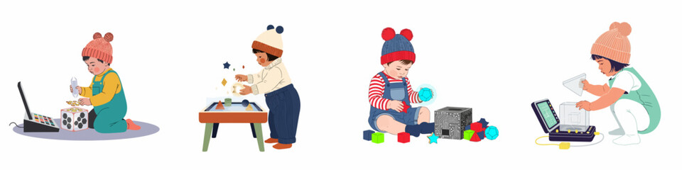 Set of four toddlers playing with futuristic electronic educational toys, wearing winter hats and overalls, isolated on white background.