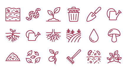 Collection of garden and plant care icons representing soil, plants, and tools. © xavier