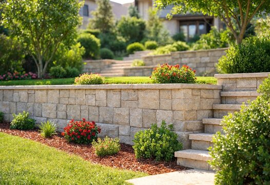 Residential backyard landscape with newly built retaining wall, interlocking stone terraces, gravel beds, green lawn, ornamental plants, modern outdoor design, home improvement.
