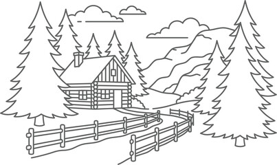 Fototapeta premium Cozy cabin coloring vector page simple clean minimalist drawing for kids and adults relaxation