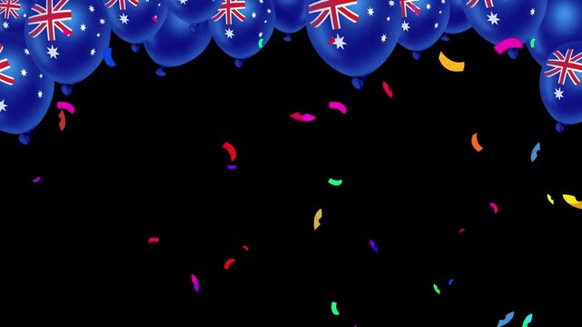 Australian flag balloons drift across the top of the frame with falling confetti, creating a patriotic border design that features a large empty black space for customizable text or event promotion.