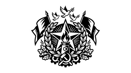Obraz premium Soviet Emblem: Star, Hammer, Sickle, Laurel Wreath, Flags, Doves