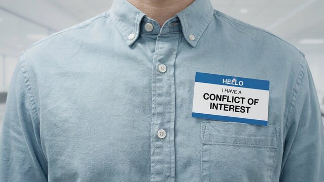 Conflict of interest name tag on businessman shirt, professional ethics and corporate compliance concept, honest employee with disclosure sticker