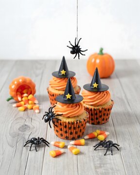 Spooky halloween cupcakes witch hat spider decorated treats for festive fall celebrations and parties