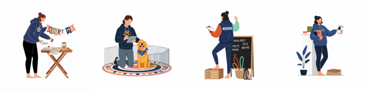Set of illustrations featuring volunteers working at a pet rescue center, organizing adoption events, and caring for homeless animals.