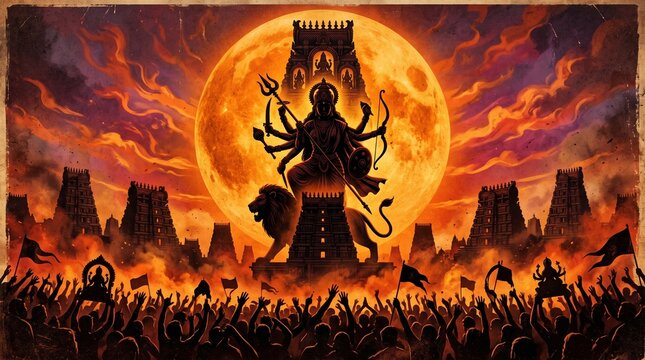 Goddess Durga silhouette standing on lion in front of giant moon with temple towers and cheering crowd for spiritual religious festival art