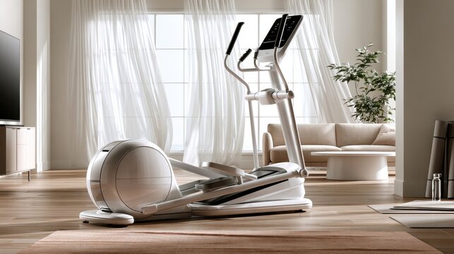 Modern elliptical machine in a sunny, bright home gym. Fitness.