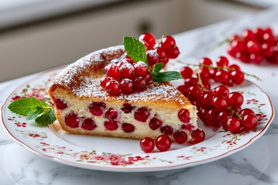 Red currant cake with powdered sugar and fresh mint
