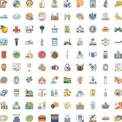 Fototapeta premium Wide colorful line art icon set depicting food, tech, nature, health, business, travel and everyday objects for infographics, ui, web and vector design projects