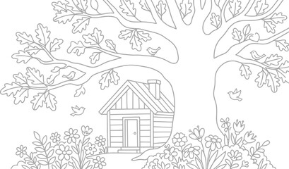 Obraz premium Charming cottage coloring vector page simple clean minimal drawing for kids and adults relaxation