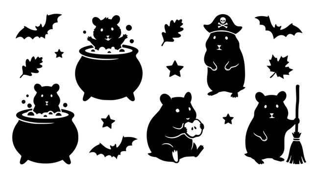 Cute hamster pirate and witch vector silhouettes with bats and oak leaves for Halloween celebration