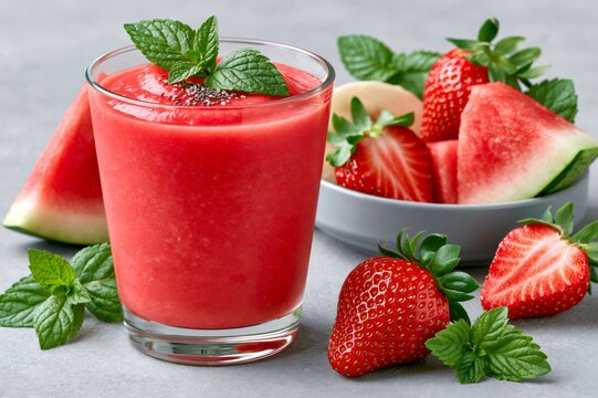 Refreshing strawberry watermelon smoothie with chia seeds and mint