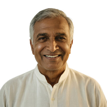 South Asian man senior portrait isolated on a transparent background wearing a crisp white kurta with a warm friendly smile