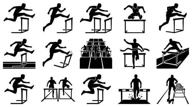 Hurdlers leaping over obstacles during athletic competition in silhouette vector style