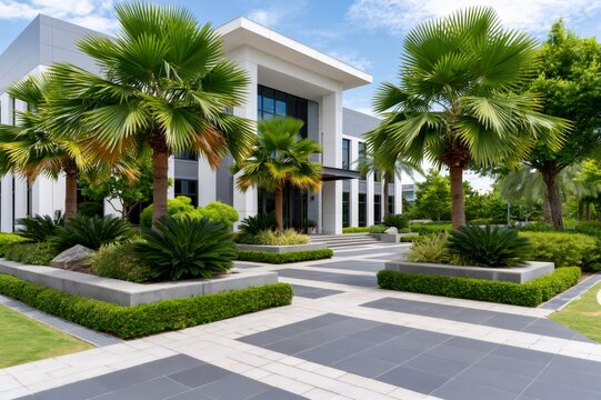 Modern office building entrance with tropical landscaping