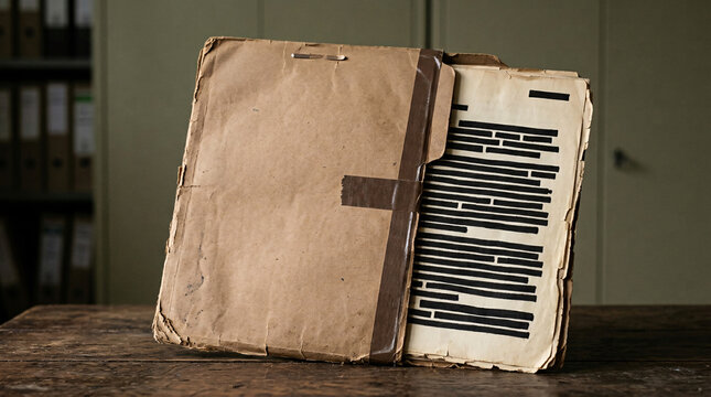 A vintage manila folder containing a document with heavily redacted text sits on a wooden desk, evoking a sense of mystery and secrecy, reminiscent of an espionage or classified information case.