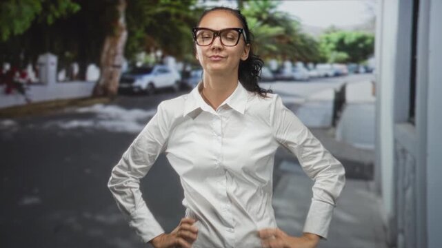 Woman wearing glasses and a white buttoned shirt, hands on hips, standing on a street lined with trees; confidence boldness poise.