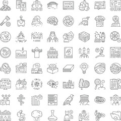 Set of line icons illustrating various themes including ecology, food, sports, science, industry, law, art, nature, finance, and travel for modern digital projects © vectorwin
