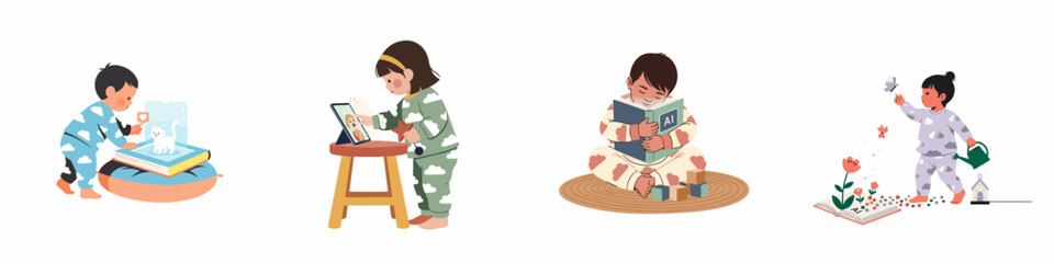 Illustrations of toddlers and young children engaging with technology, artificial intelligence, and books through imaginative play and educational activities.