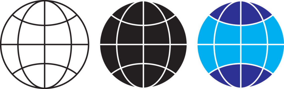 Globe Earth World Icons Collection. Editable Outline, Solid and Flat Globe Vector Icon Set