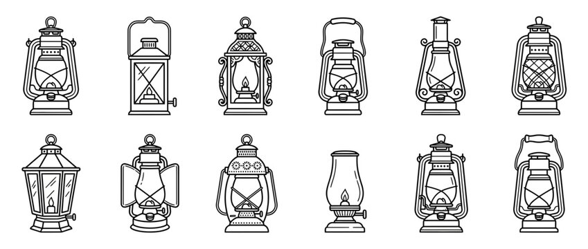 Collection of vintage kerosene lamps, line art illustration