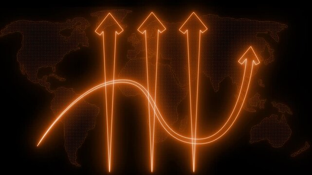 Business Data Animation with Glowing Neon Bars and Rising Arrows, Arrows Indicating Global Growth and Decline