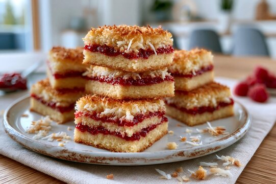Raspberry coconut squares stacked on a plate