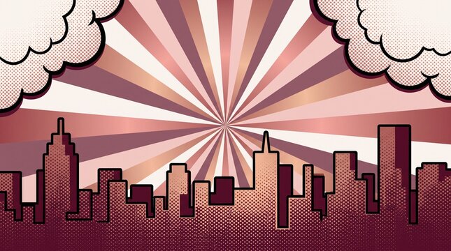 Muted mauve skyline featuring elegant radial burst rays, comic clouds, and a detailed city silhouette. Ideal for lifestyle branding, editorials, and stylish promotional graphics.