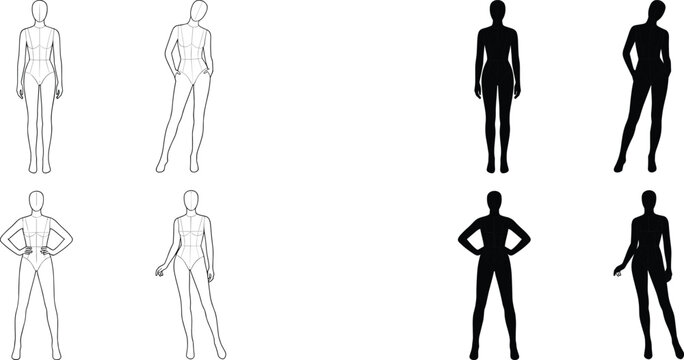 Female Standing Pose Silhouette and Outline Figure Set for Anatomy Reference Character and Fashion Design