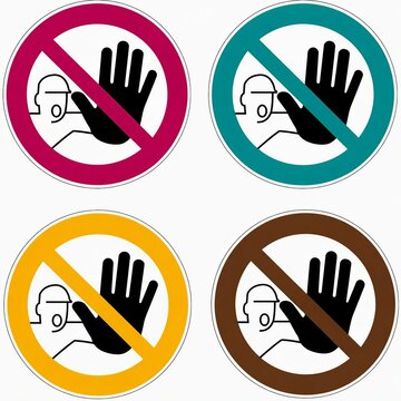 Set of four prohibition icons showing hand touching head with different colored backgrounds