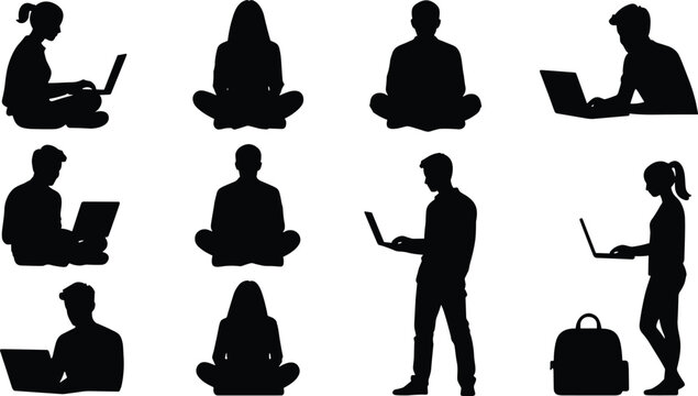 People Using Laptop Silhouette Collection with Remote Learning and Work Figures