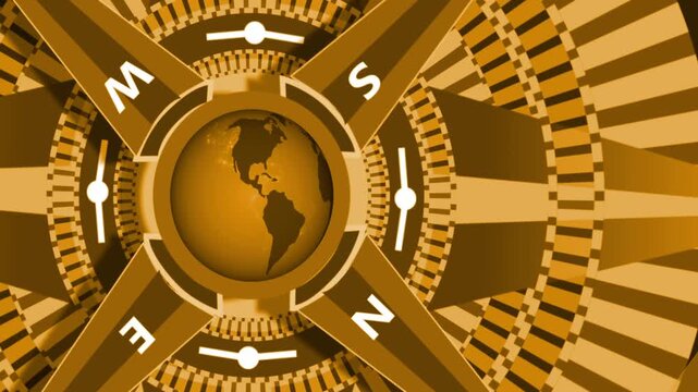 Compass globe with striped rings animation, Stylized compass with globe center and rotating striped rings, abstract modern design