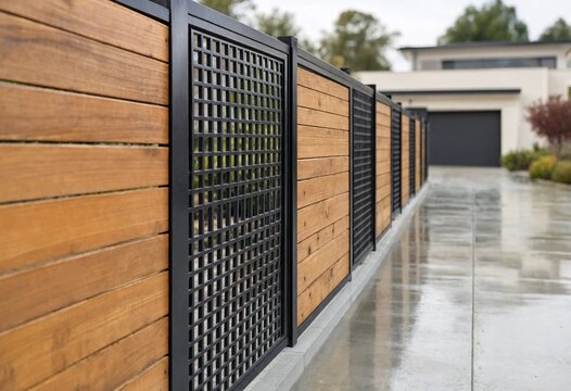 Modern residential backyard fence featuring wooden slats, metal lattice panels, contemporary privacy design, durable perimeter enclosure, stylish landscaping, secure property boundary, elegant exterio