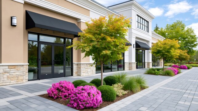 Modern shopping center exterior with storefronts and landscaping